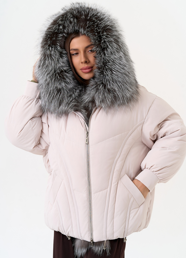 фото Женский пуховик с отделкой из меха чернобурки модель № 31446