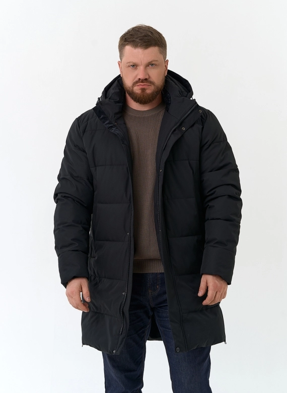 Мужской удлиненный пуховик с капюшоном фото