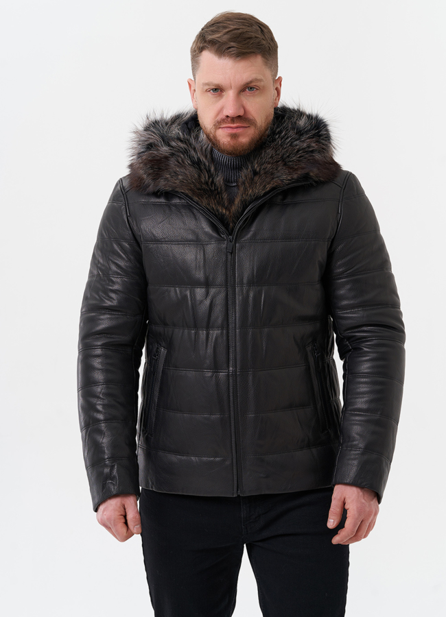 Пуховик из натуральной кожи с капюшоном из меха енота модель № 25455 универмаг малина