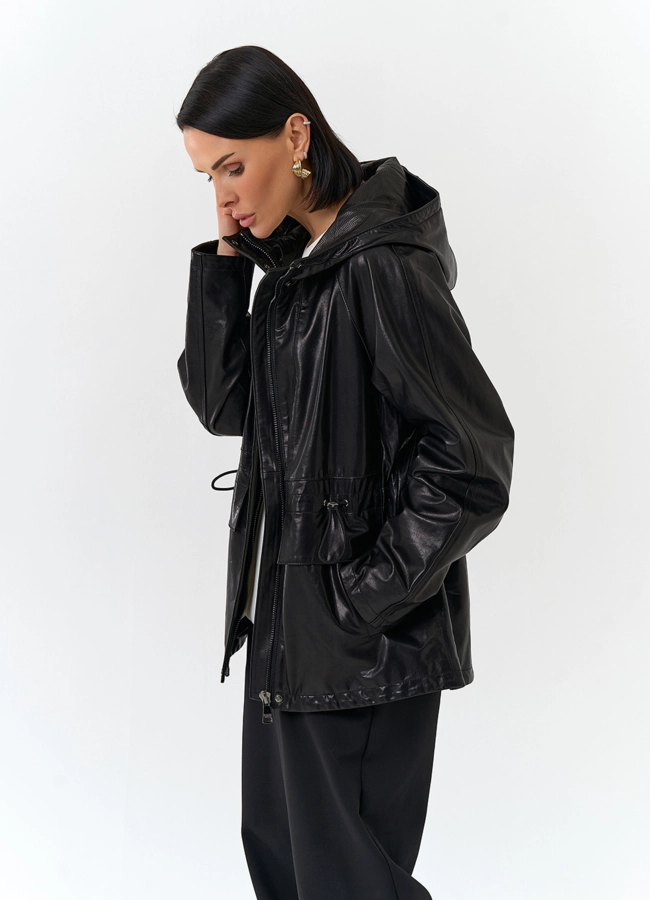 Женская куртка из натуральной кожи  с капюшоном модель № 32528 универмаг малина