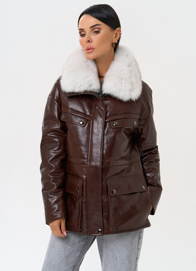 Коричневый кожаный пуховик модель № 31570 универмаг малина