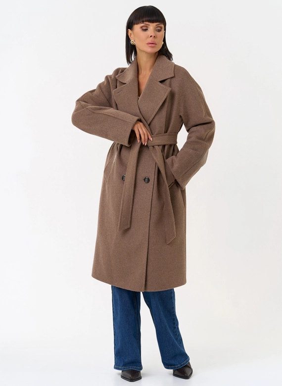 Женское двубортное пальто с поясом 