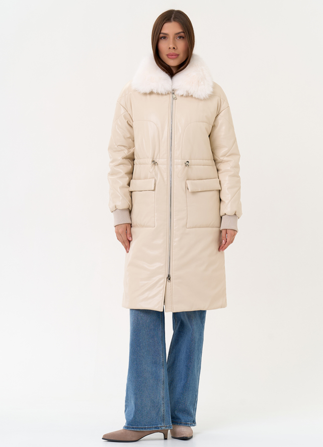 Женский пуховик из эко кожи с воротником из эко меха модель № 30725 в рассрочку