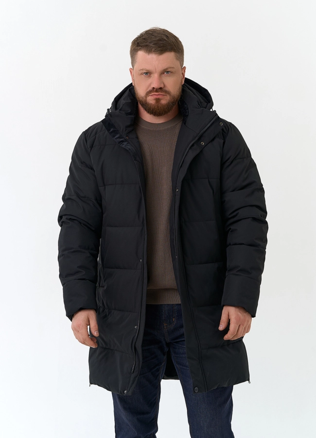 Мужской удлиненный пуховик с капюшоном модель № 34075 меха малина фото