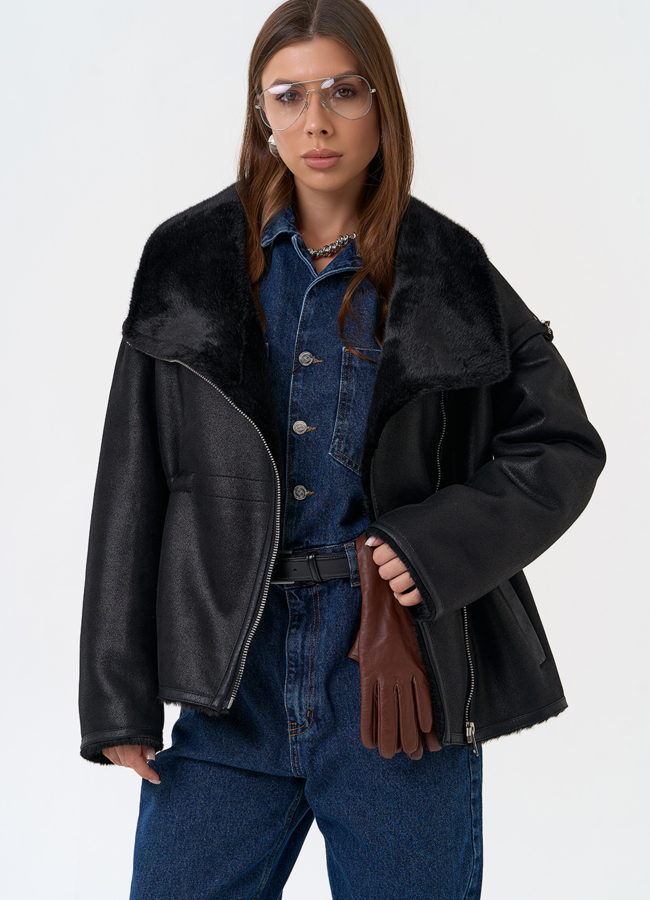 Женская дубленка из эко замши в черном цвете модель № 31433 универмаг малина