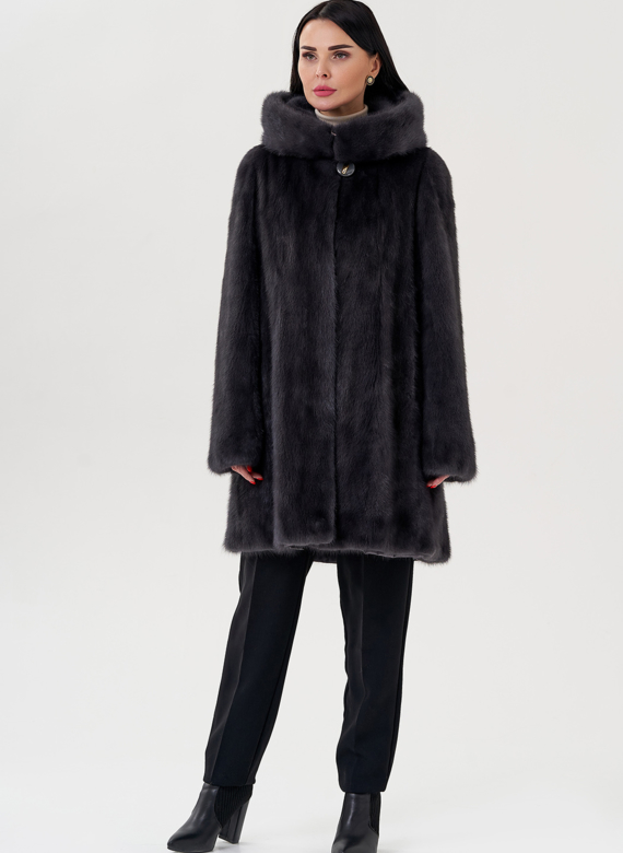Норковая шуба балетка, в цвете графит с капюшоном