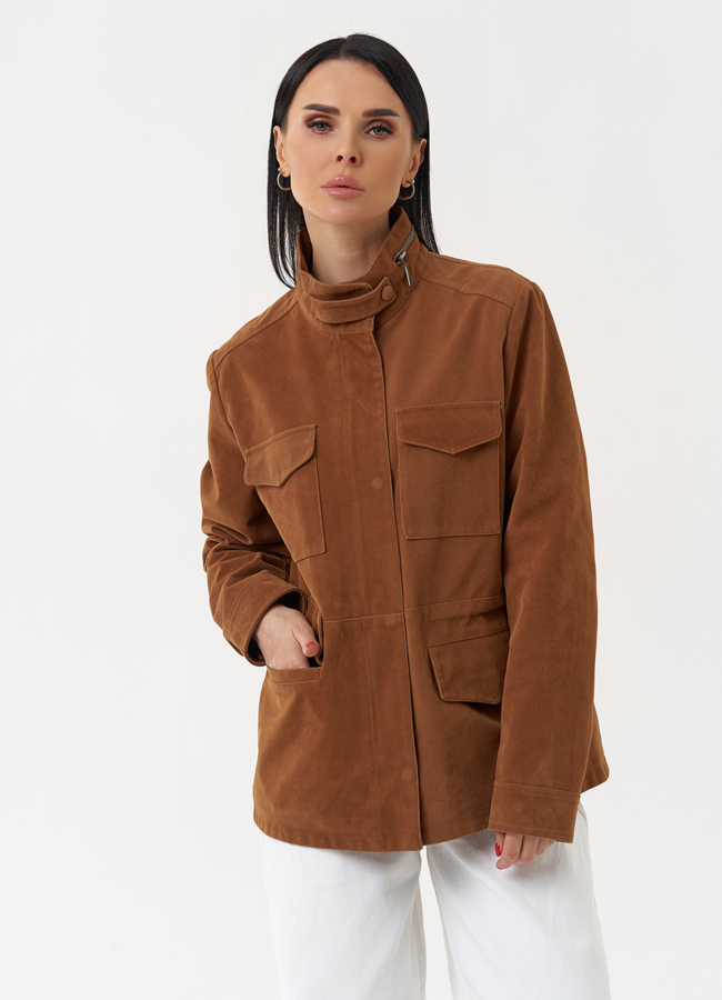 Женская парка из эко замши коричневого цвета  модель № 30421 меха малина