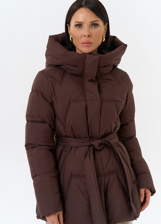Женский пуховик с поясом модель № 32040 меха малина