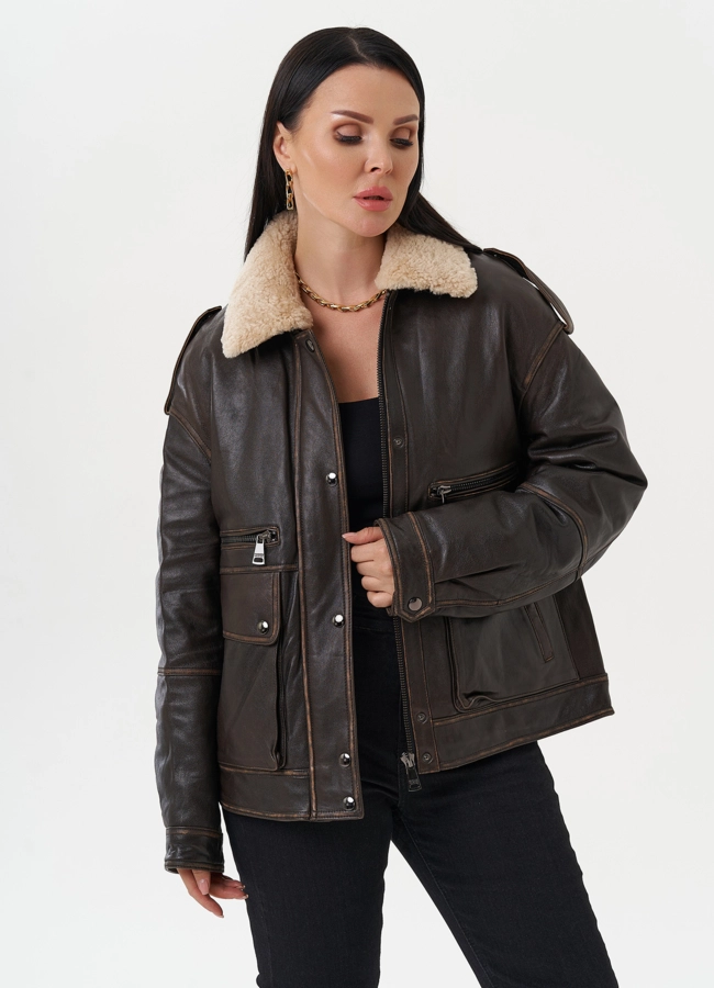Кожаная куртка-пилот  модель № 28112 универмаг малина