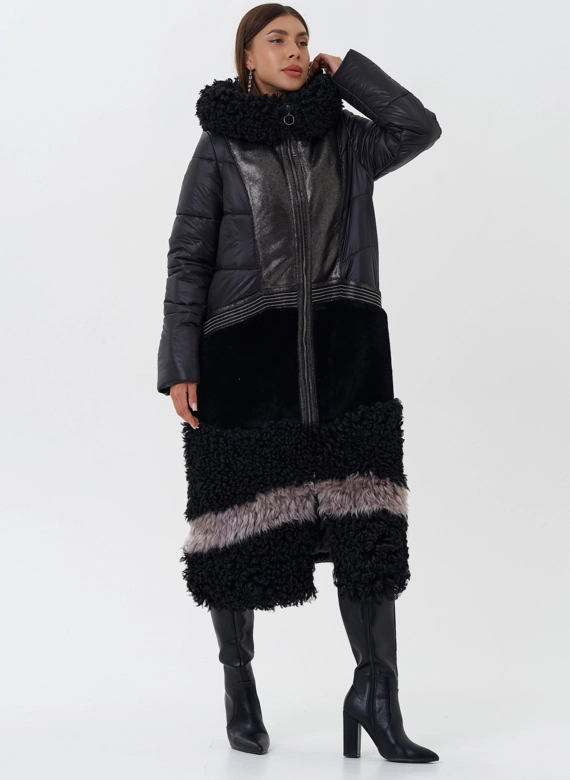 Комбинированный пуховик с капюшоном