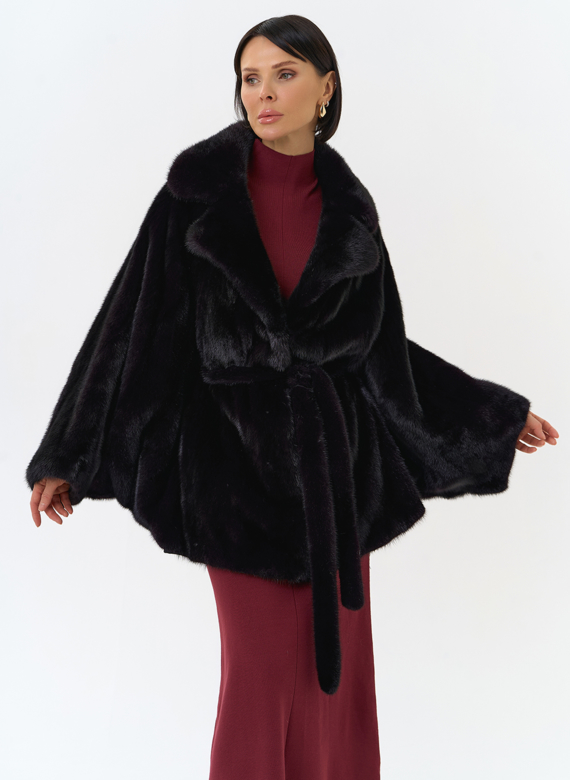 Шуба из меха норки с английским воротником в цвете баклажан