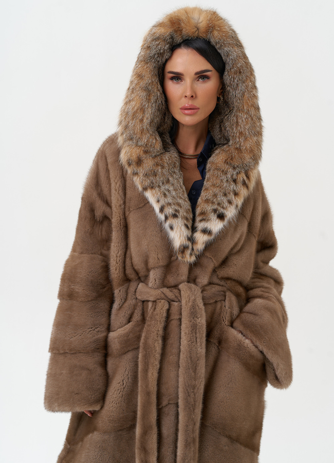 Женская шуба из меха норки с капюшоном из меха рыси модель № 31162 универмаг малина