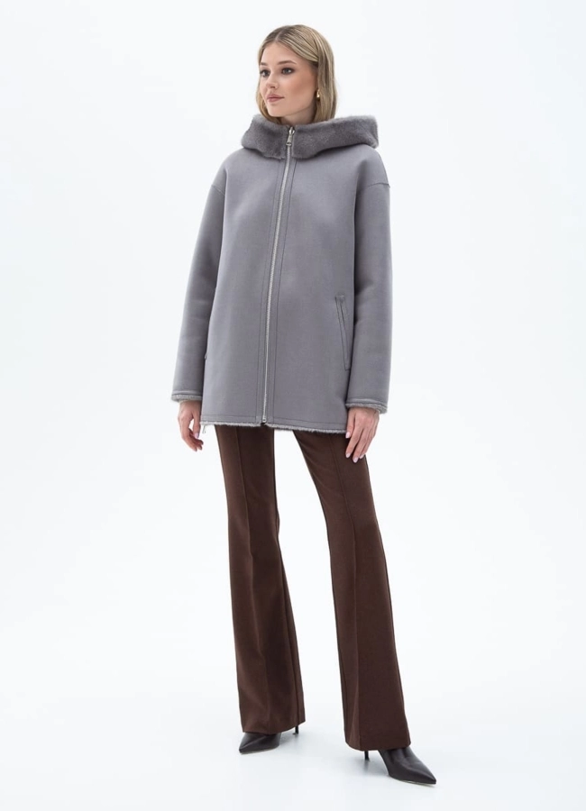 Женская двухсторонняя дубленка из эко кожи с капюшоном модель № 32029 в кредит