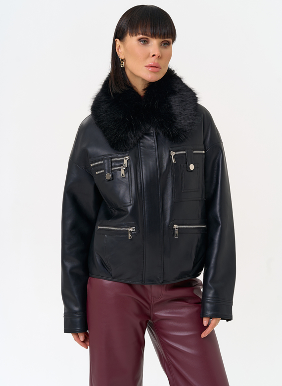 Женская утепленная куртка из эко кожи черного цвета