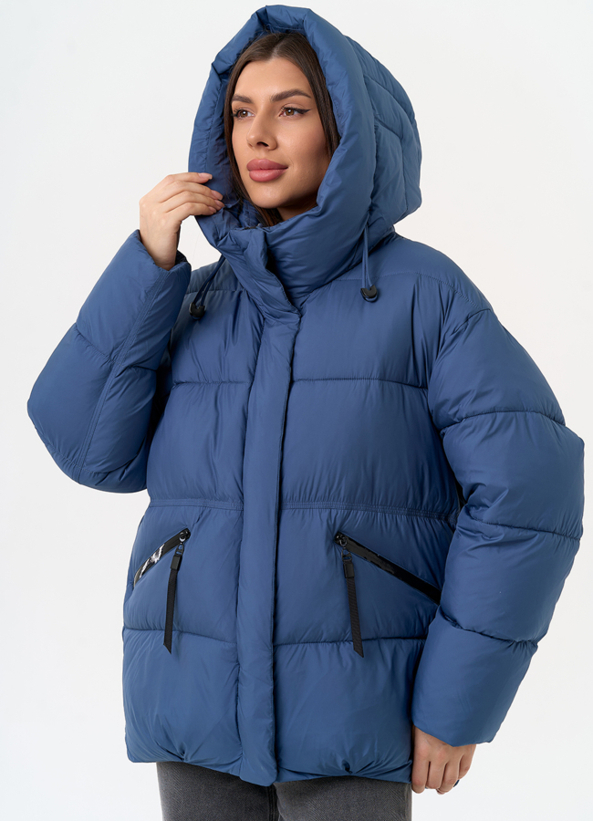 Женский пуховик синего цвета с капюшоном модель № 31534 универмаг малина