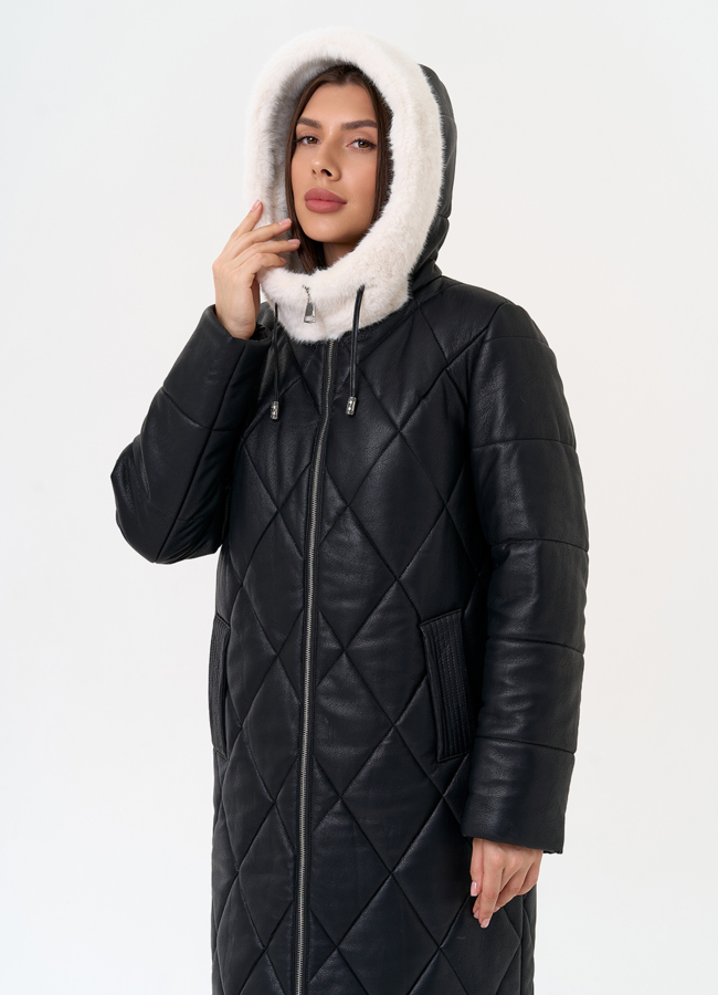 Женское пальто из эко кожи с капюшоном модель № 30721 универмаг малина