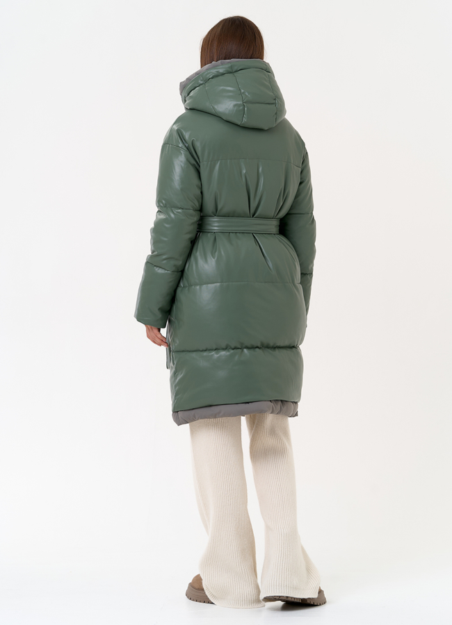 Женский пуховик из эко кожи с капюшоном модель № 30729 в рассрочку