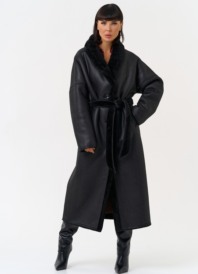 Женская двухсторонняя дубленка из эко замши с воротником шаль модель № 31506 меха малина