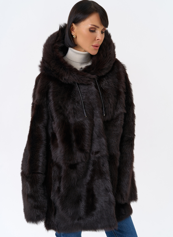 Женская двухсторонняя дубленка с капюшоном
