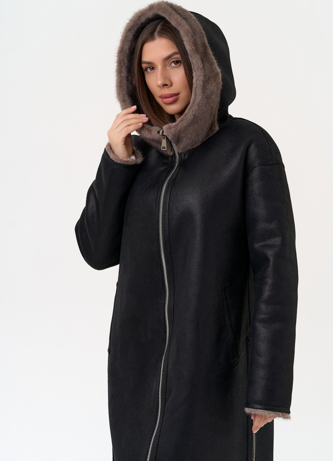 Женская двухсторонняя дубленка из эко замши с капюшоном модель № 31434 универмаг малина